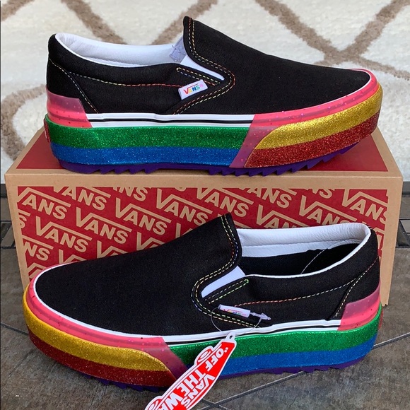 ••VANS CLASSIC SLIP ON S PLATFORMS GLITTER BLK/R W - Picture 2 of 16